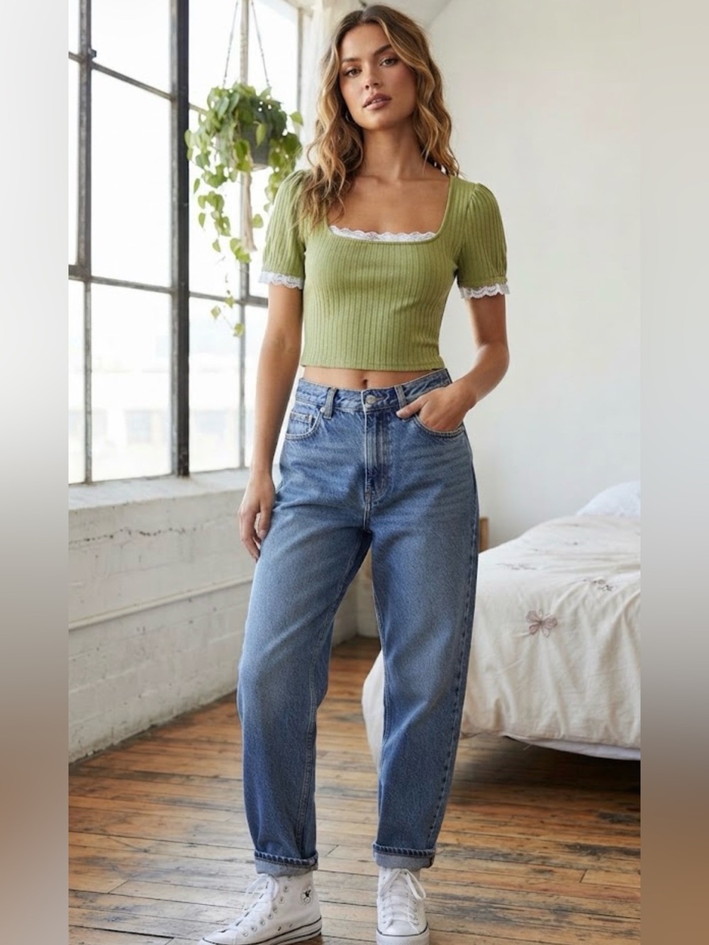Green Ribbed Square-Neck Crop Top with Lace Trim